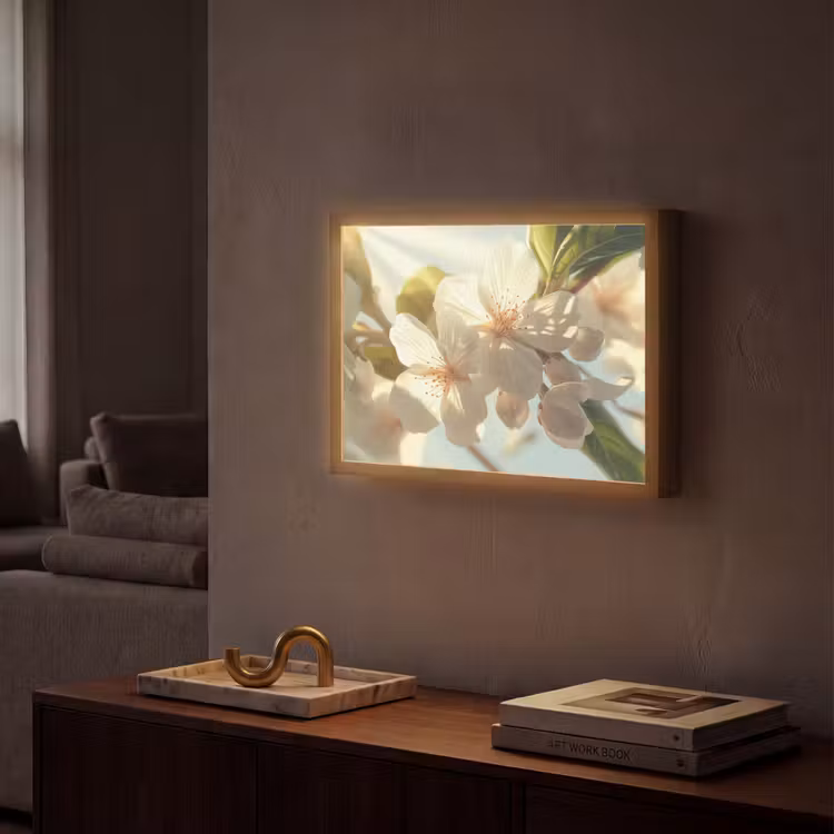 Bloesems - Wit - Zonnestralen - Bloemblaadjes Light Box met batterij (Wandlamp) middel -sfeer1