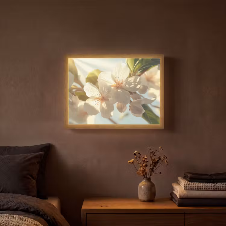 Bloesems - Wit - Zonnestralen - Bloemblaadjes Light Box met batterij (Wandlamp) middel -sfeer4