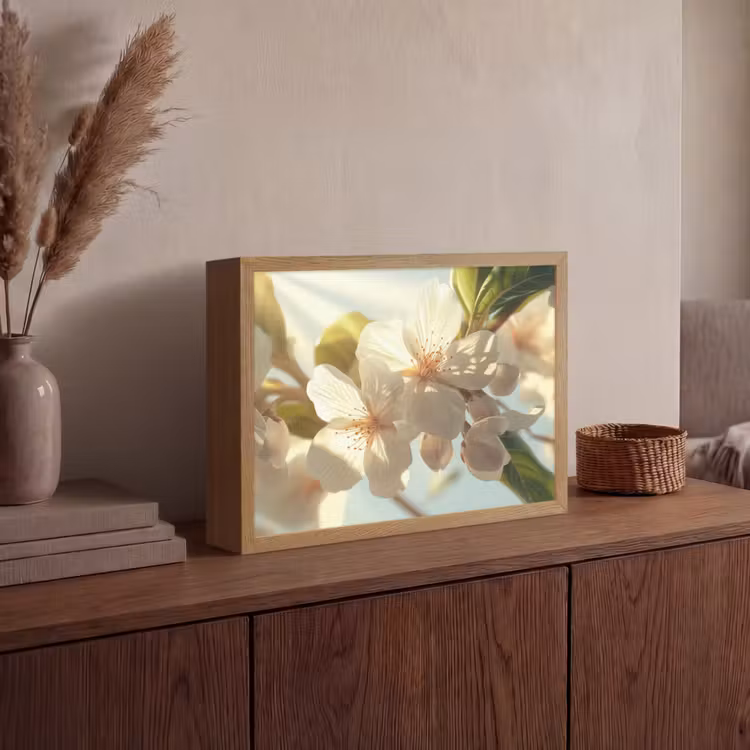 Bloesems - Wit - Zonnestralen - Bloemblaadjes Light Box met batterij (Wandlamp) middel -sfeer2