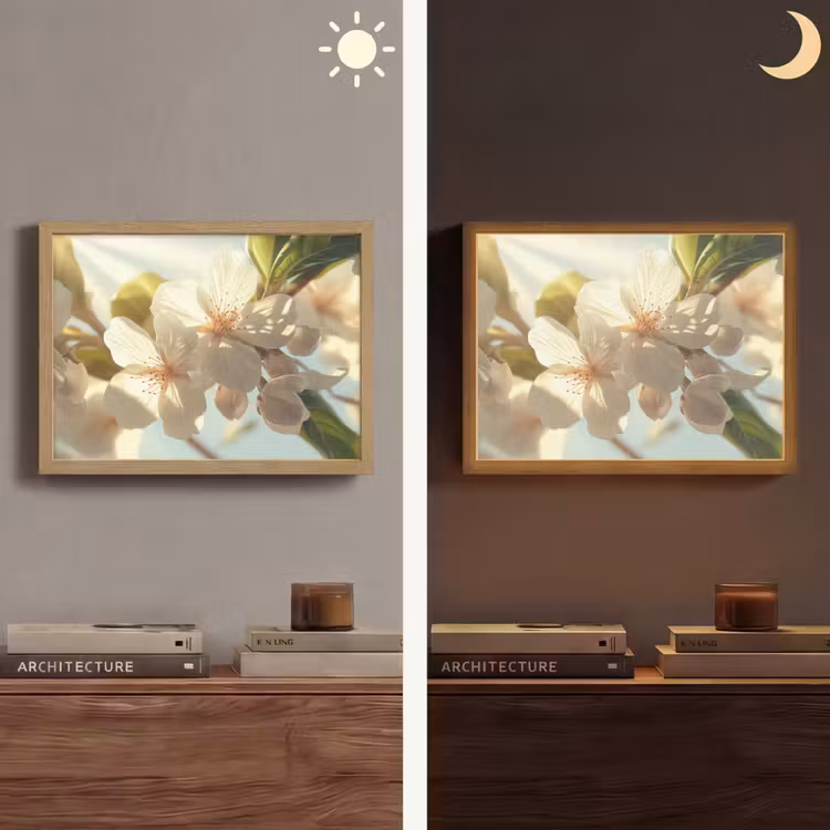 Bloesems - Wit - Zonnestralen - Bloemblaadjes Light Box met batterij (Wandlamp) middel -sfeer3