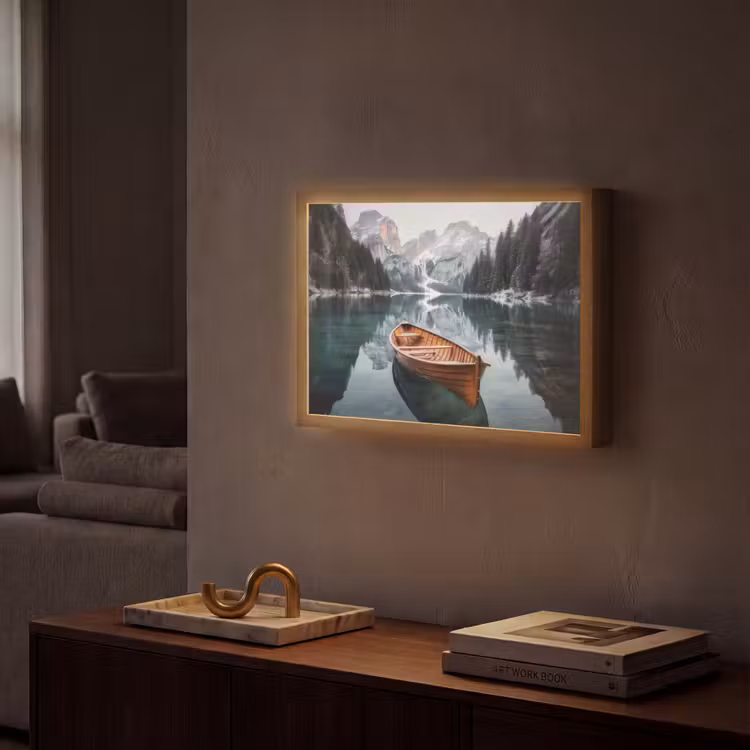 Boot - Bergen - Natuur - Water Light Box met batterij (Wandlamp) middel -sfeer1