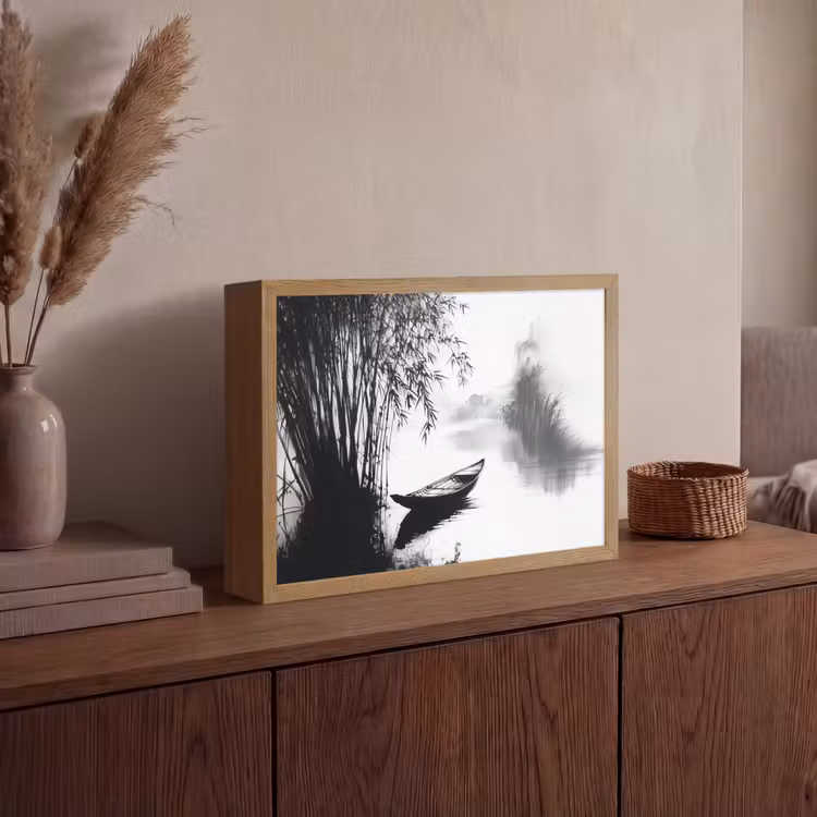 Boot - Rivier - Bamboe - Wit Light Box met batterij (Wandlamp) middel -sfeer2
