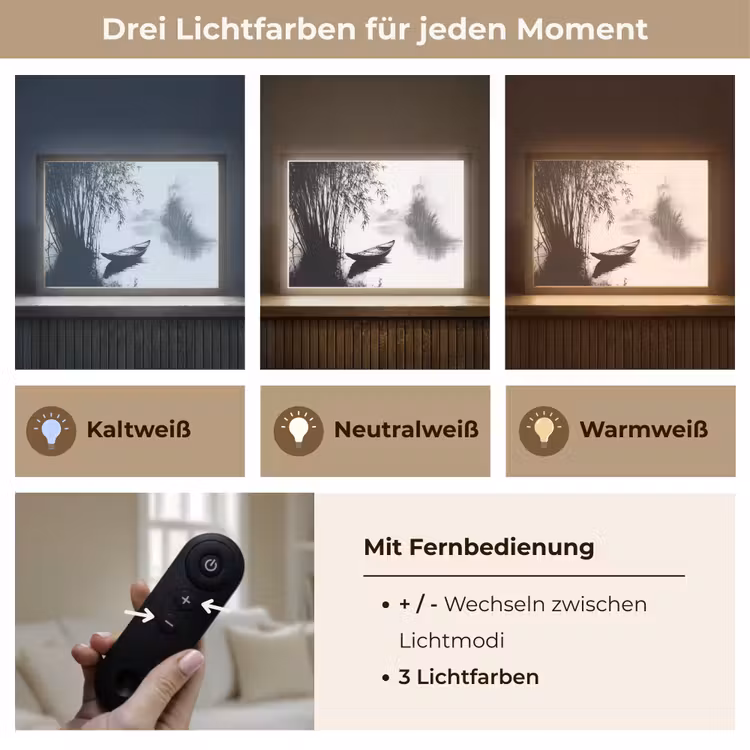 Boot - Rivier - Bamboe - Wit Light Box met batterij (Wandlamp) middel -USP_lichtkleurDE