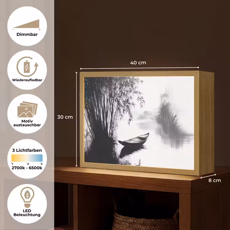 Boot - Rivier - Bamboe - Wit Light Box met batterij (Wandlamp) middel -USP_websiteoverzichtDE