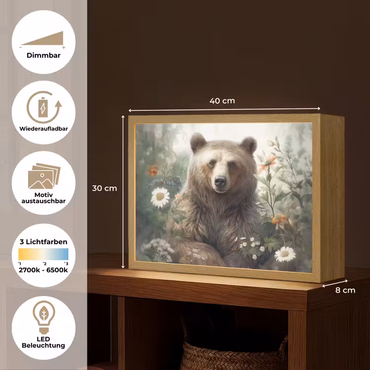 Bruine beer - Wilde dieren - Bloemen - Planten Light Box met batterij (Wandlamp) middel -USP_websiteoverzichtDE