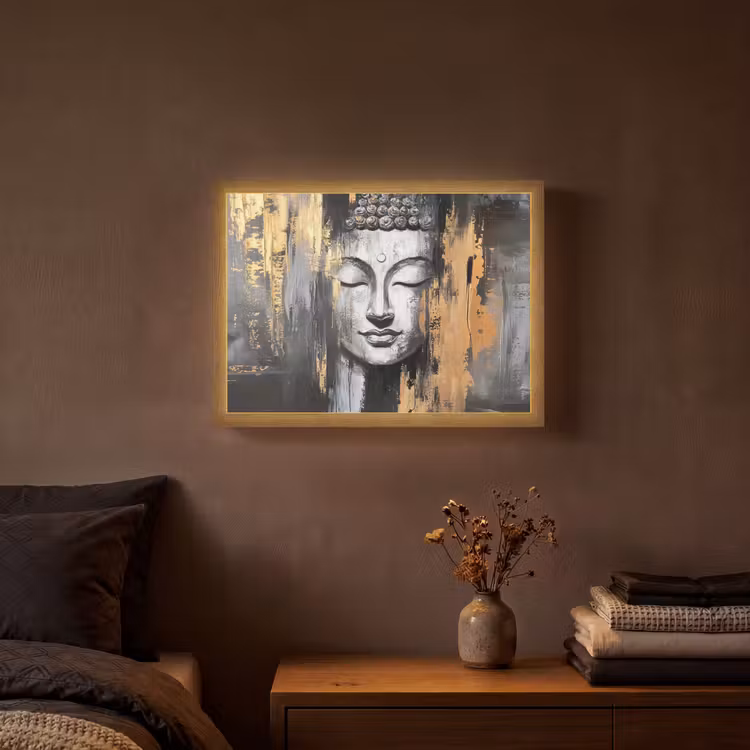 Boedhha - Penseelstreken - Goud - Abstract Light Box met batterij (Wandlamp) middel -sfeer4