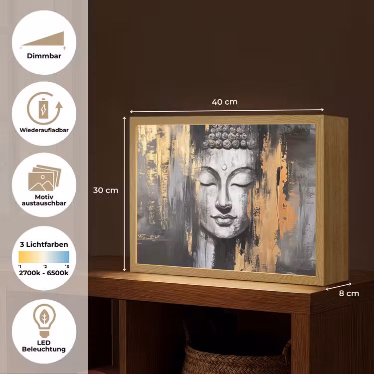 Boedhha - Penseelstreken - Goud - Abstract Light Box met batterij (Wandlamp) middel -USP_websiteoverzichtDE
