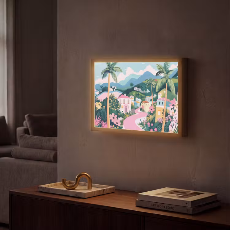 Kleurrijk - Huizen - Heuvels - Roze Light Box met batterij (Wandlamp) middel -sfeer1