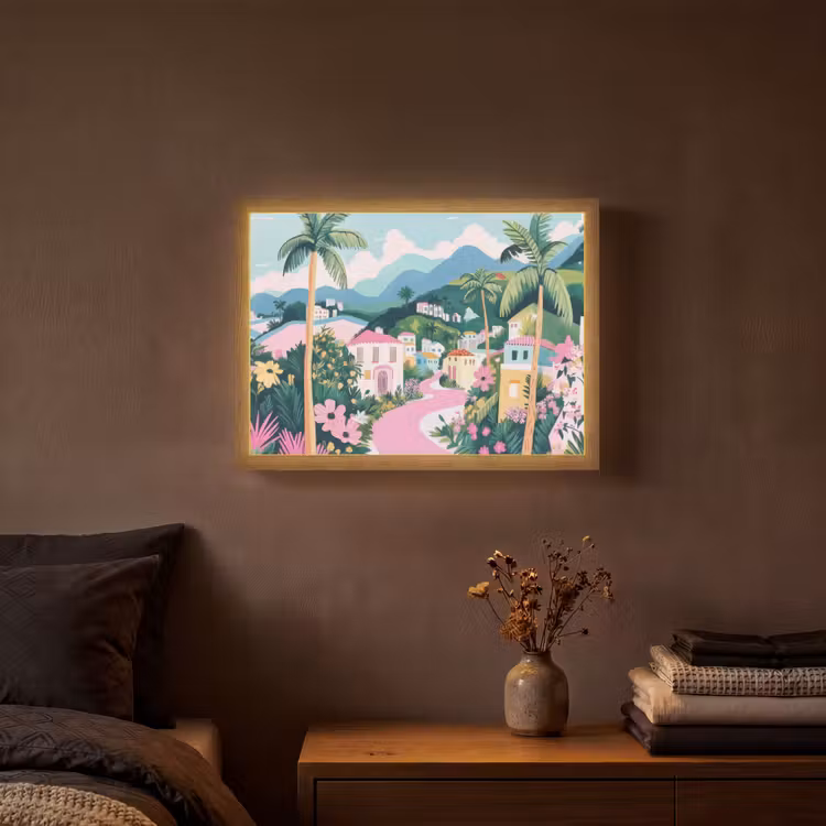 Kleurrijk - Huizen - Heuvels - Roze Light Box met batterij (Wandlamp) middel -sfeer4