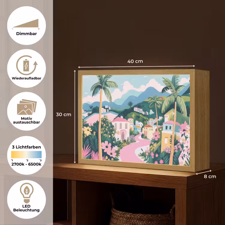Kleurrijk - Huizen - Heuvels - Roze Light Box met batterij (Wandlamp) middel -USP_websiteoverzichtDE