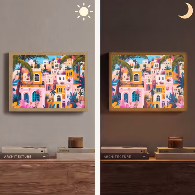 Kleurrijk - Roze - Oranje - Geel - Bloemen Light Box met batterij (Wandlamp) middel -sfeer3