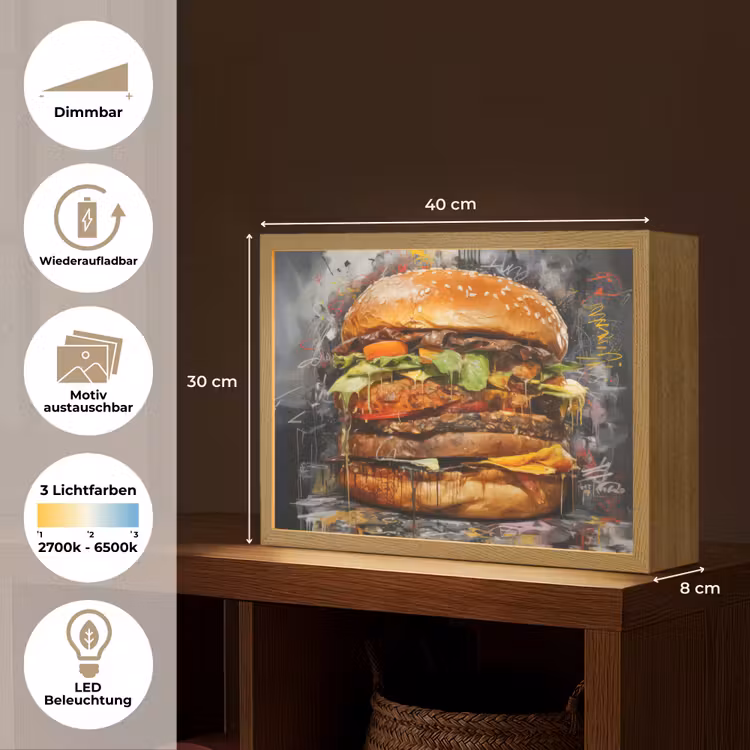 Burger - Eten - Kunst - Grijs - Graffiti Light Box met batterij (Wandlamp) middel -USP_websiteoverzichtDE