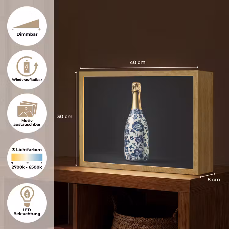 Champagne - Bloemen - Goud - Chique Light Box met batterij (Wandlamp) middel -USP_websiteoverzichtDE