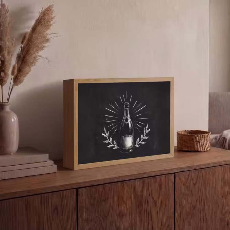 Champagnefles - Lauriertakken - Zwarte achtergrond Light Box met batterij (Wandlamp) middel -sfeer2