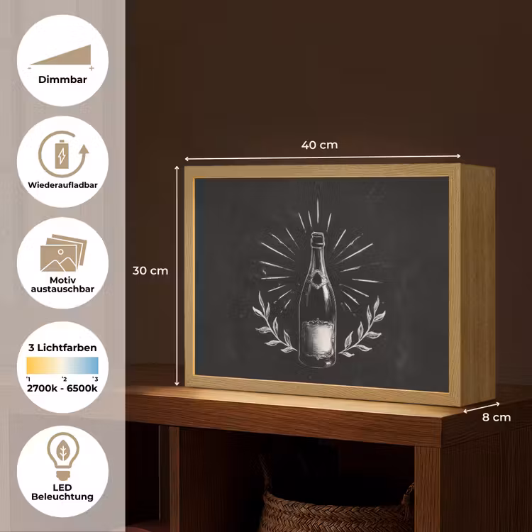 Champagnefles - Lauriertakken - Zwarte achtergrond Light Box met batterij (Wandlamp) middel -USP_websiteoverzichtDE