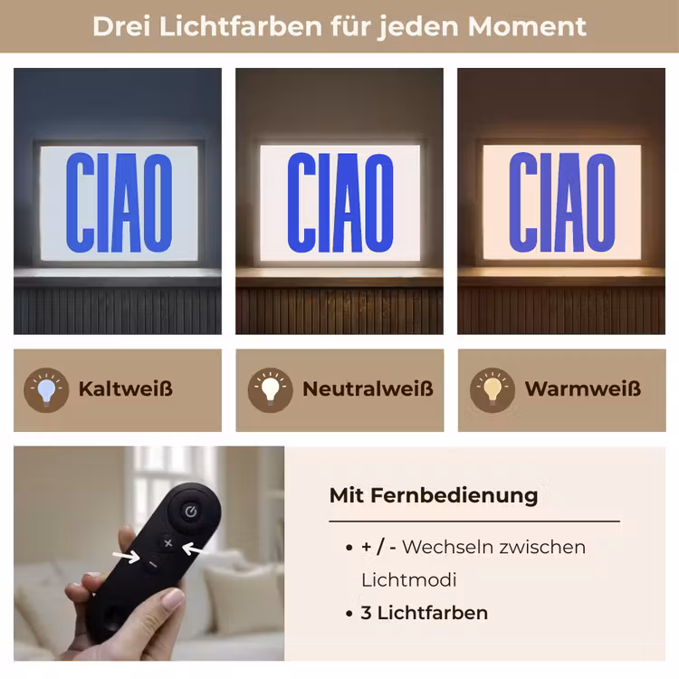 Ciao - Hoofdletters - Blauw - Minimalistisch Light Box met batterij (Wandlamp) middel -USP_lichtkleurDE