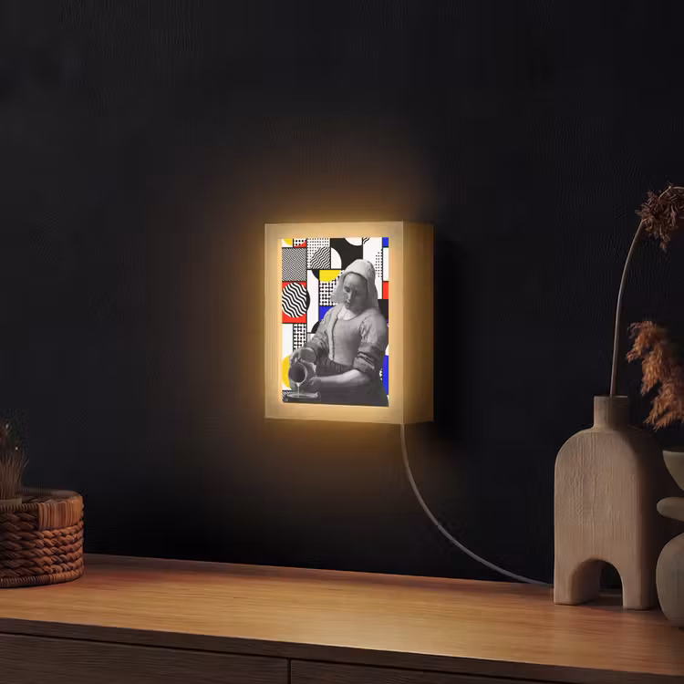 Collage - Mondriaan - Melkmeisje Light Box met kabel (Wandlamp) klein -sfeer1