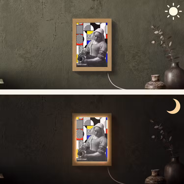 Collage - Mondriaan - Melkmeisje Light Box met kabel (Wandlamp) klein -sfeer3