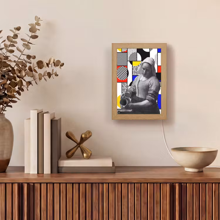 Collage - Mondriaan - Melkmeisje Light Box met kabel (Wandlamp) klein -sfeer2