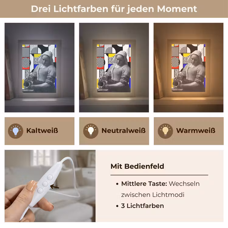 Collage - Mondriaan - Melkmeisje Light Box met kabel (Wandlamp) klein -USP_lichtkleurDE