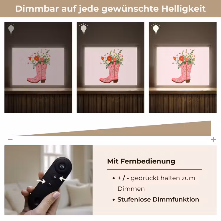 Cowboylaarzen - Roze - Boeket - Bloemen Light Box met batterij (Wandlamp) middel -USP_dimbaarDE
