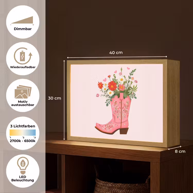 Cowboylaarzen - Roze - Boeket - Bloemen Light Box met batterij (Wandlamp) middel -USP_websiteoverzichtDE