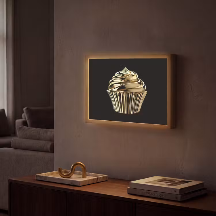 Cupcake - Eten - Goud - Zwart Light Box met batterij (Wandlamp) middel -sfeer1