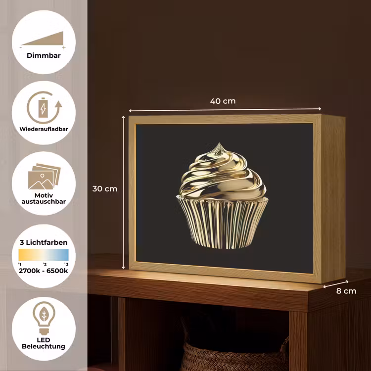 Cupcake - Eten - Goud - Zwart Light Box met batterij (Wandlamp) middel -USP_websiteoverzichtDE