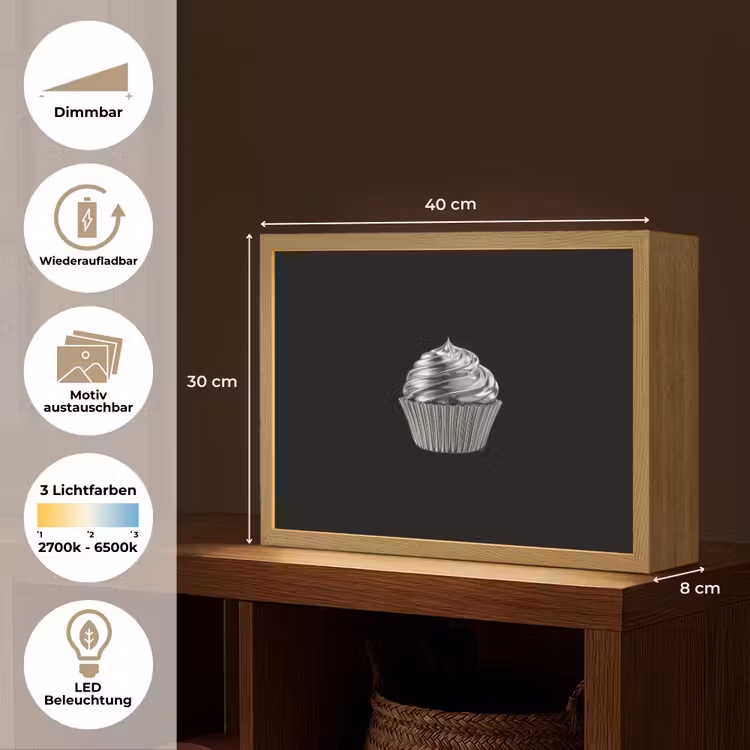 Cupcake - Luxueus - Zilver Light Box met batterij (Wandlamp) middel -USP_websiteoverzichtDE