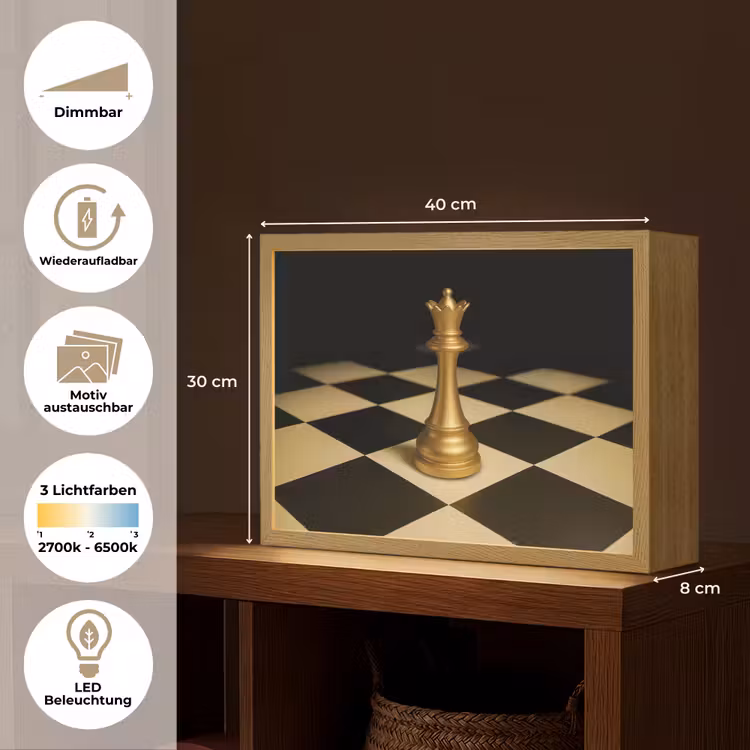 Koningin - Schaakstuk - Geblokt - Goud Light Box met batterij (Wandlamp) middel -USP_websiteoverzichtDE