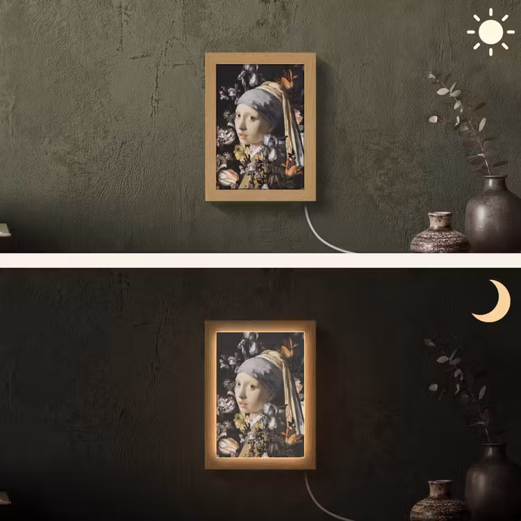 Meisje met de parel - Johannes Vermeer - Bloemen Light Box met kabel (Wandlamp) klein -sfeer3
