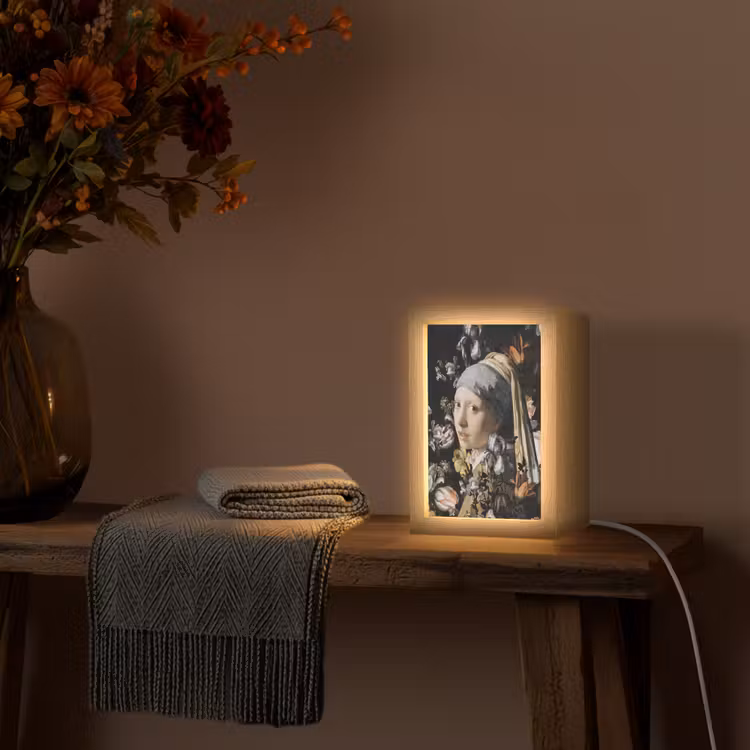 Meisje met de parel - Johannes Vermeer - Bloemen Light Box met kabel (Wandlamp) klein -sfeer4