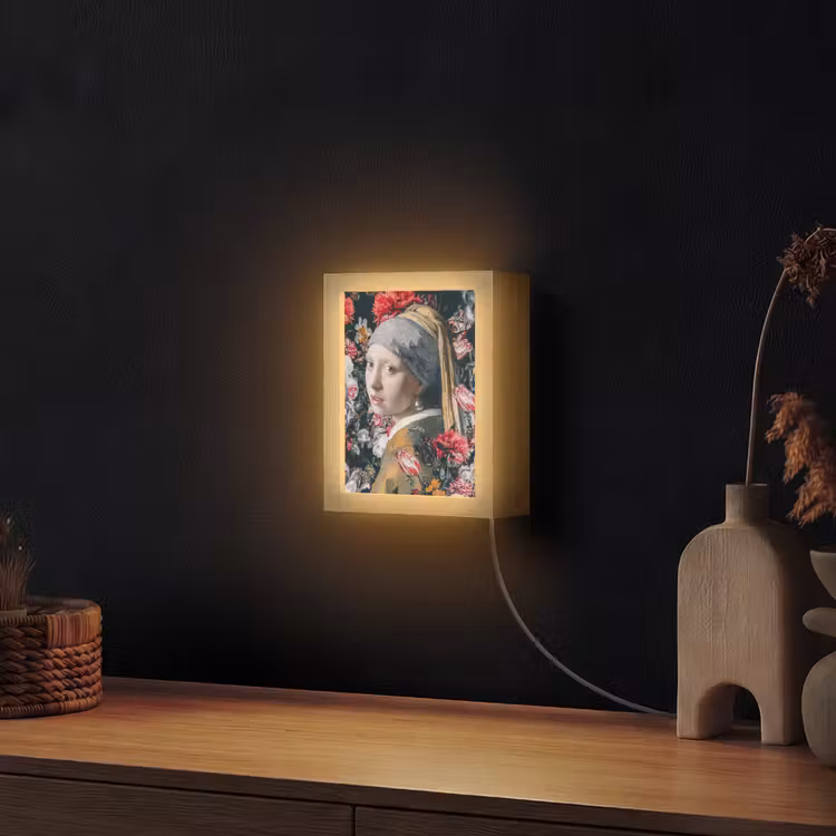 Meisje met de parel - Johannes Vermeer - Bloemen Light Box met kabel (Wandlamp) klein -sfeer1
