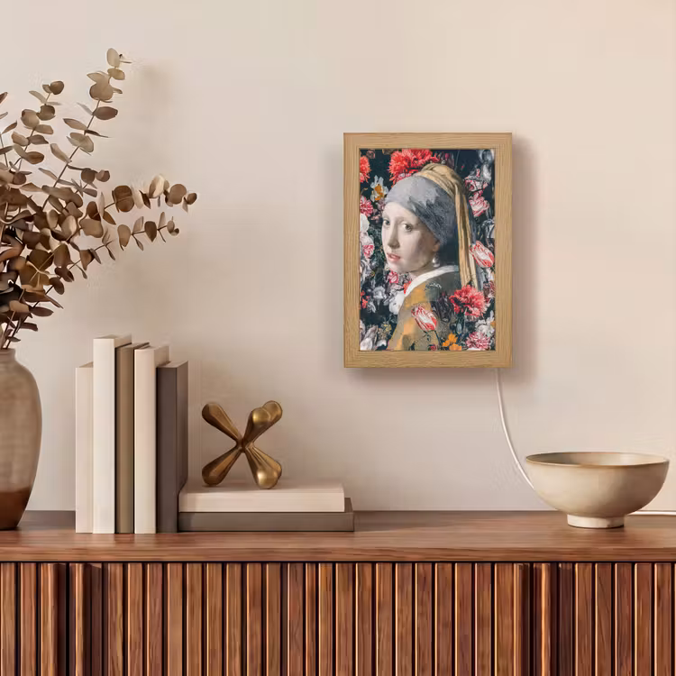 Meisje met de parel - Johannes Vermeer - Bloemen Light Box met kabel (Wandlamp) klein -sfeer2