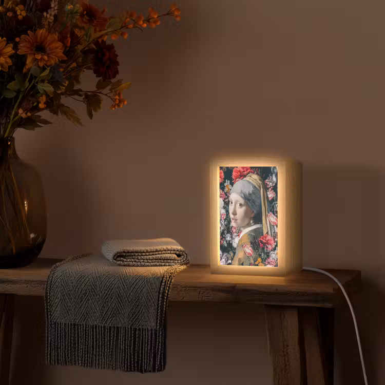 Meisje met de parel - Johannes Vermeer - Bloemen Light Box met kabel (Wandlamp) klein -sfeer4