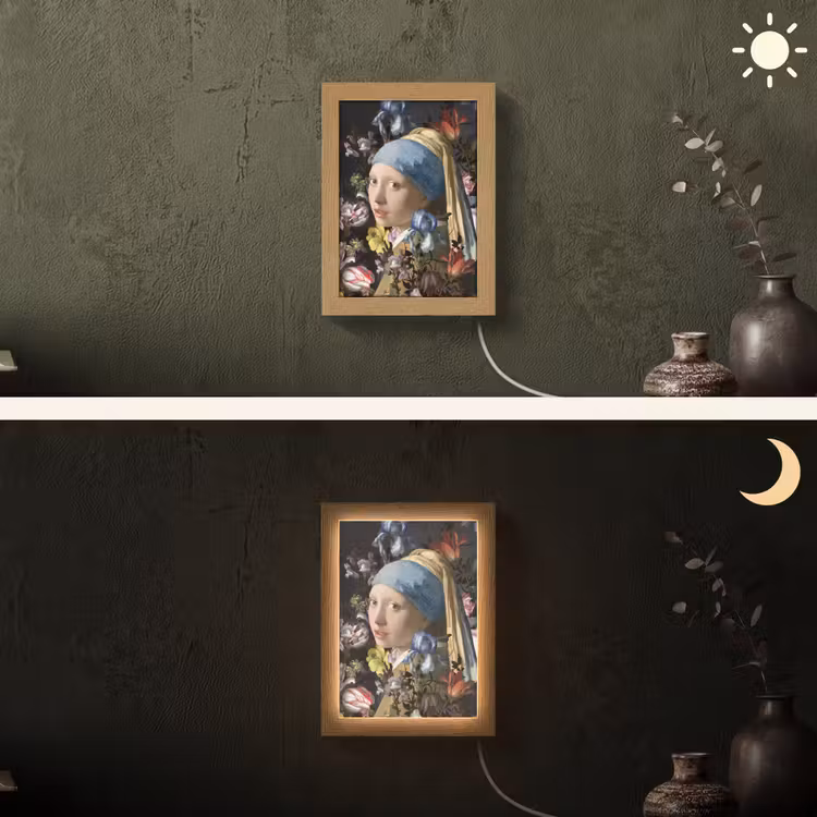 Meisje met de parel - Johannes Vermeer - Bloemen Light Box met kabel (Wandlamp) klein -sfeer3