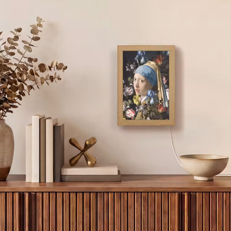 Meisje met de parel - Johannes Vermeer - Bloemen Light Box met kabel (Wandlamp) klein -sfeer2