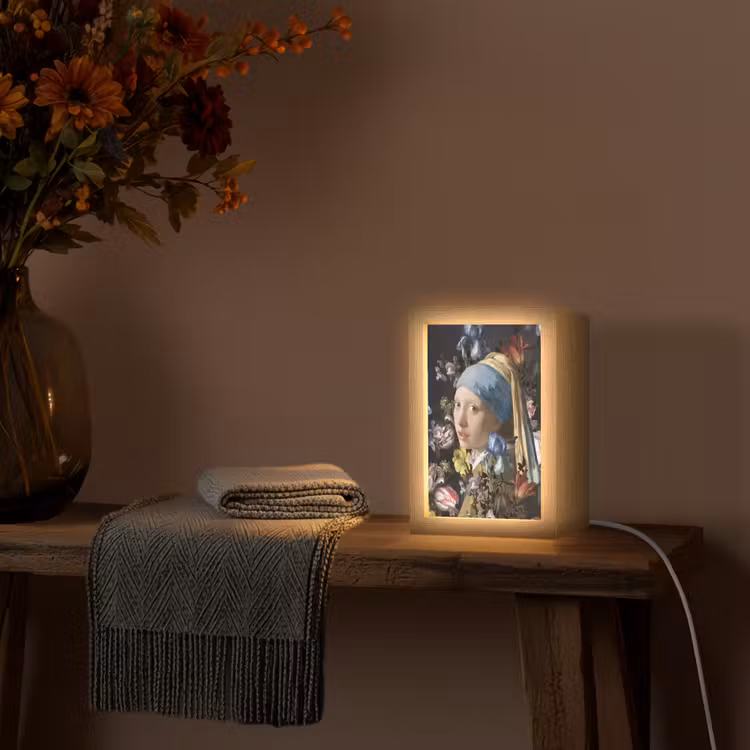 Meisje met de parel - Johannes Vermeer - Bloemen Light Box met kabel (Wandlamp) klein -sfeer4