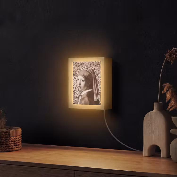 Meisje met de parel - Johannes Vermeer - Sepia Light Box met kabel (Wandlamp) klein -sfeer1
