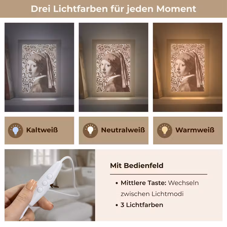 Meisje met de parel - Johannes Vermeer - Sepia Light Box met kabel (Wandlamp) klein -USP_lichtkleurDE