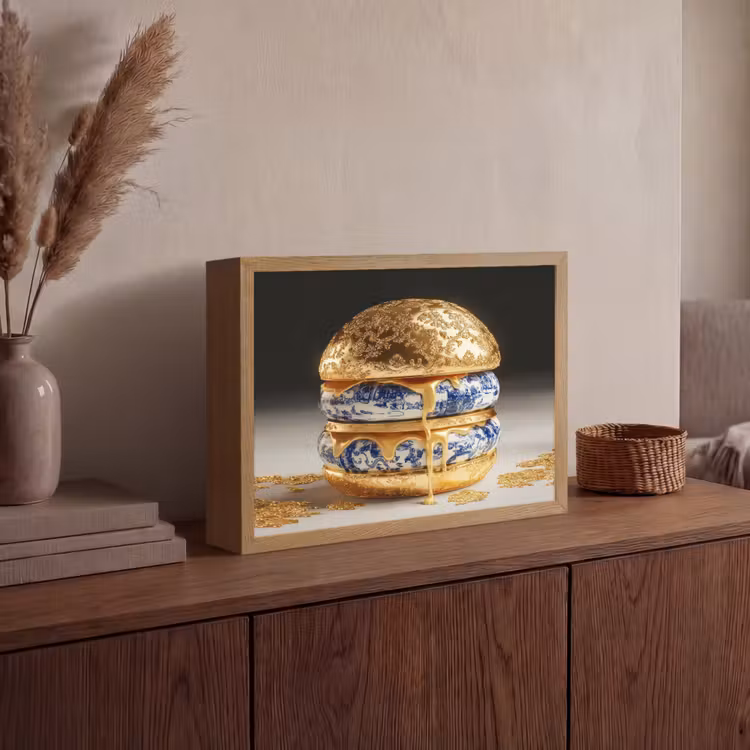 Delftsblauw - Goud - Burger Light Box met batterij (Wandlamp) middel -sfeer2