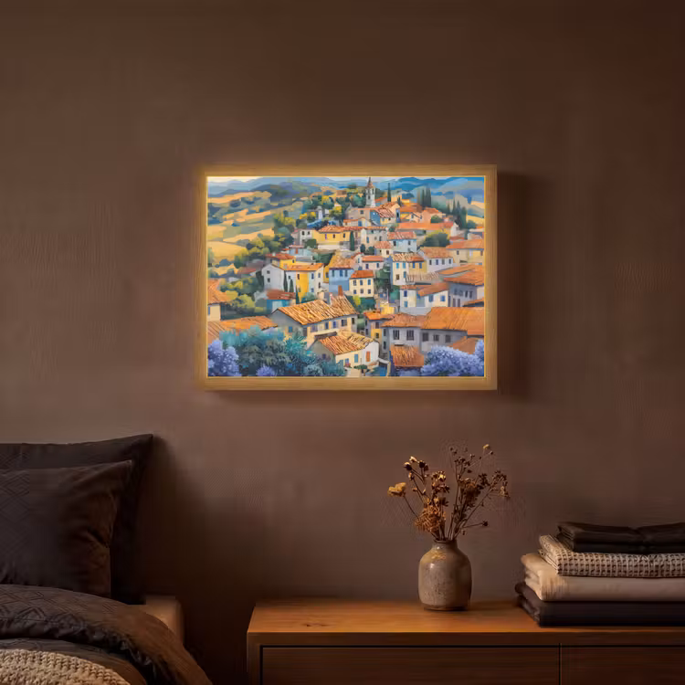 Dorp - Heuvels - Landschap - Bomen Light Box met batterij (Wandlamp) middel -sfeer4