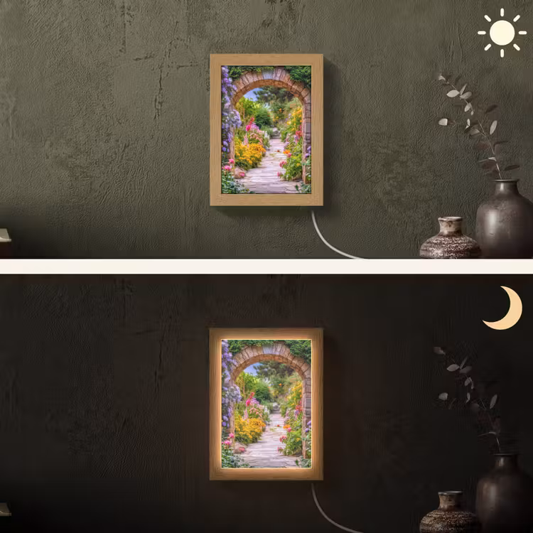 Doorkijk - Bloemen - Pad - Natuur Light Box met kabel (Wandlamp) klein -sfeer3