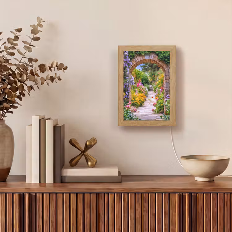 Doorkijk - Bloemen - Pad - Natuur Light Box met kabel (Wandlamp) klein -sfeer2