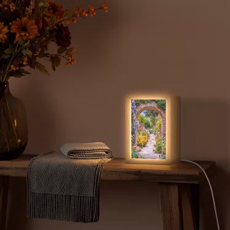 Doorkijk - Bloemen - Pad - Natuur Light Box met kabel (Wandlamp) klein -sfeer4