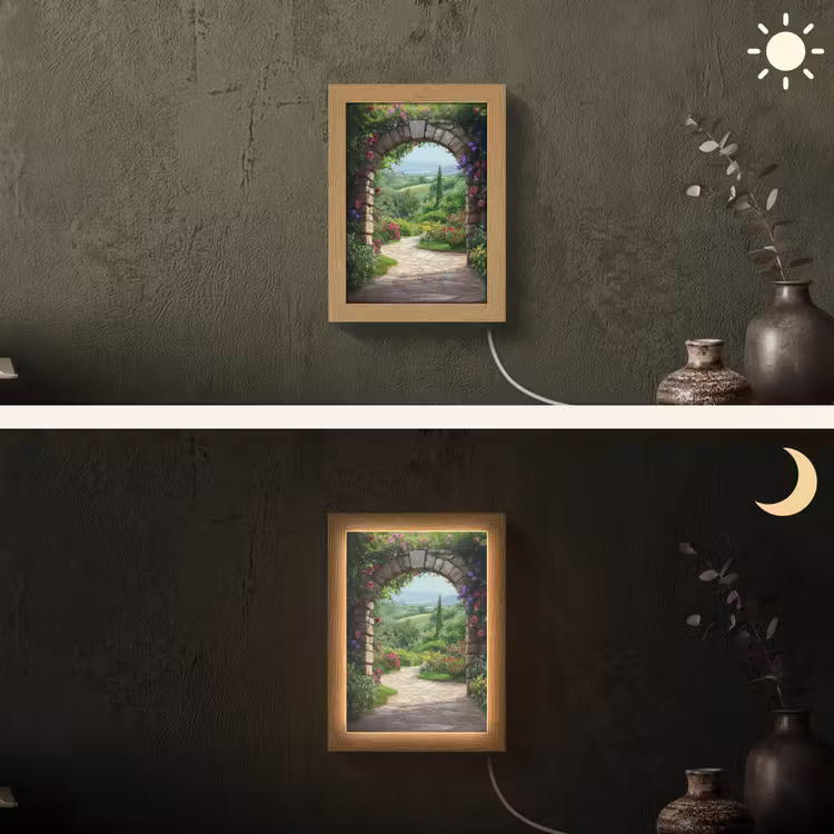 Doorkijk - Landschap - Bloemen - Pad - Uitzicht Light Box met kabel (Wandlamp) klein -sfeer3