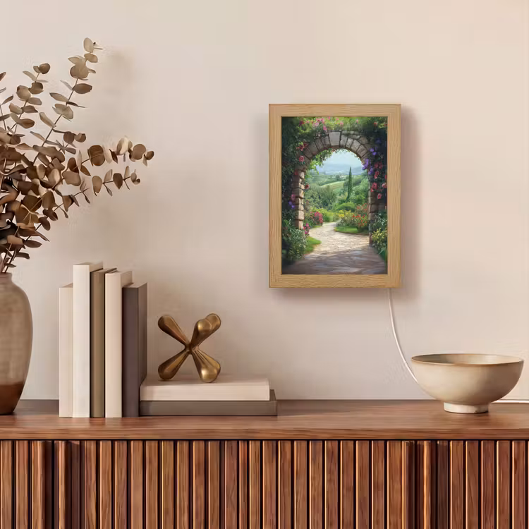 Doorkijk - Landschap - Bloemen - Pad - Uitzicht Light Box met kabel (Wandlamp) klein -sfeer2