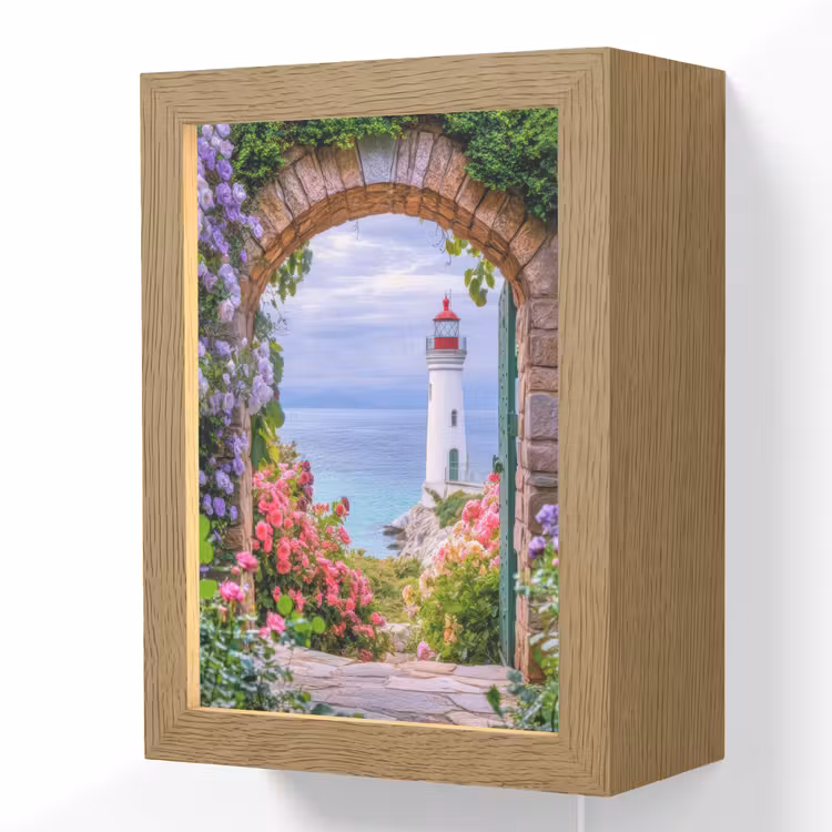 Doorkijk - Vuurtoren - Bloemen - Uitzicht Light Box met kabel (Wandlamp) klein -3d