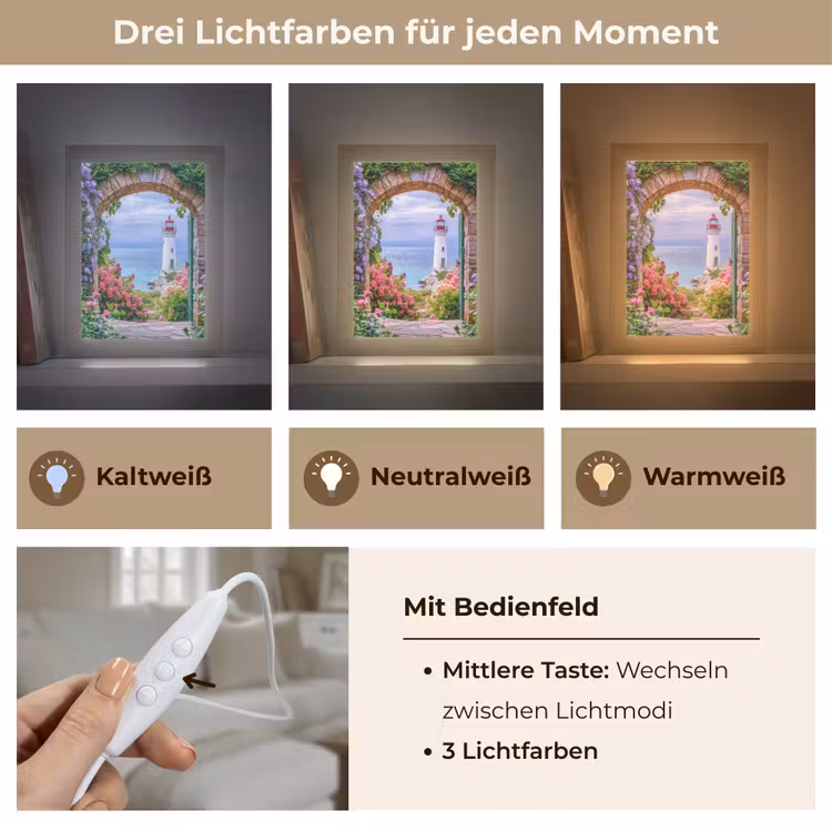 Doorkijk - Vuurtoren - Bloemen - Uitzicht Light Box met kabel (Wandlamp) klein -USP_lichtkleurDE