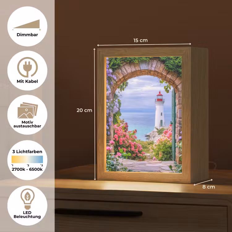 Doorkijk - Vuurtoren - Bloemen - Uitzicht Light Box met kabel (Wandlamp) klein -USP_websiteoverzichtDE